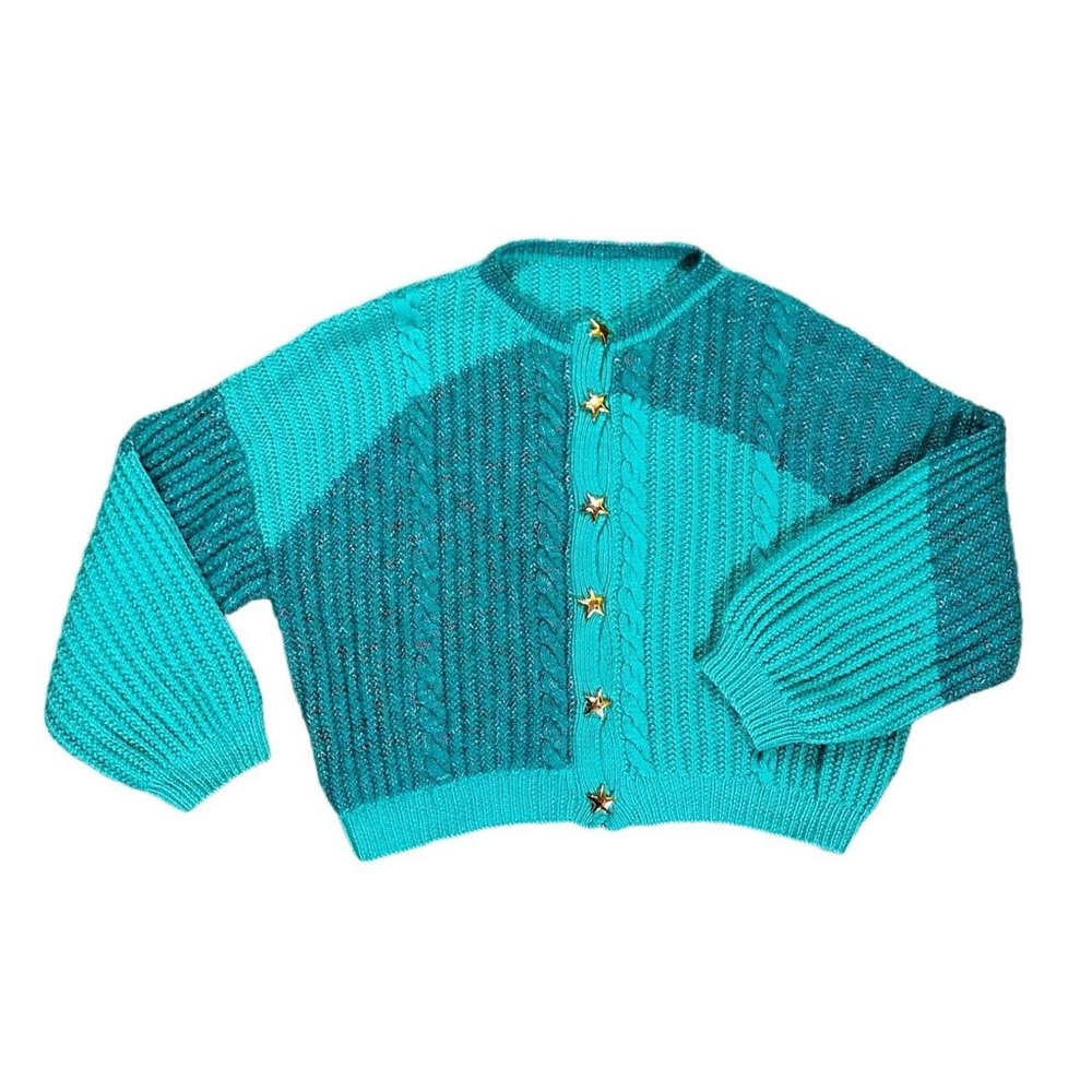 Teal Handmade Knit Cardigan Sweater Gold Star Buttons Plus Size Oversized